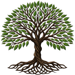 Detailed illustration of a majestic tree with sprawling roots isolated on transparent background