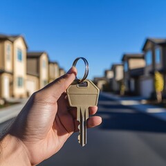 Hand holding house key, new homes in background