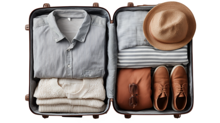 Packed Suitcase with Neutral Colored Clothing and Accessories isolated on transparent background