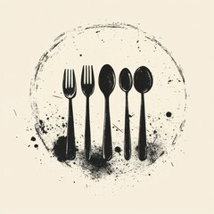 Cutlery arrangement featuring forks and spoons with artistic splatter effect on a neutral background
