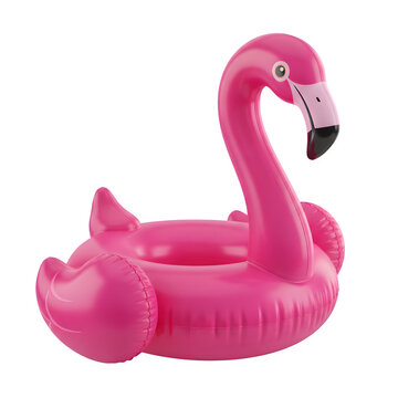 A pink flamingo floatie sitting alone on a white background. 3D rendering with a clipping path.

