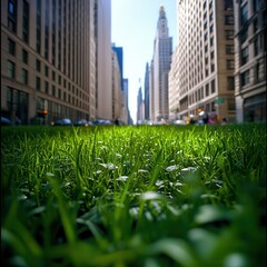 Lush green grass patch in city street