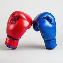Two boxing gloves, red and blue, facing each other
