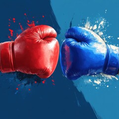 Two boxing gloves, red and blue, clash