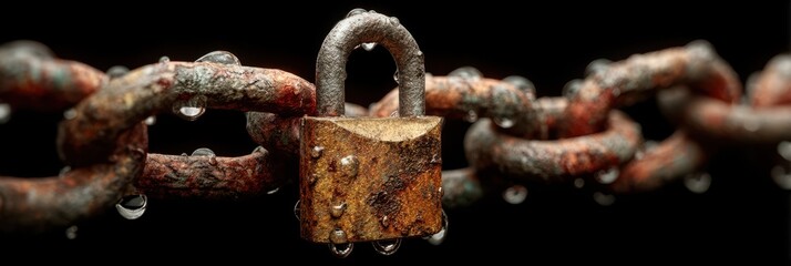 Rusty padlock securing a worn chain with droplets of water in a dark background