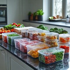 Kitchen counter filled with food storage containers