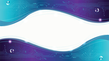 Abstract blue and purple background with curved waves framing central white space with subtle circuit patterns.