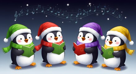Festive Penguin Choir Singing Christmas Carols in Santa Hats and Scarves Under Musical Notes Illustration