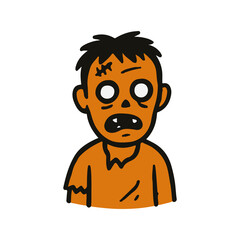 Fototapeta premium Flat cartoon zombie character with empty white eyes and torn clothes. Halloween vector icon in orange and black colors. Perfect for spooky holiday designs and decorations.