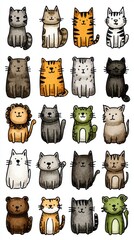 Cute illustrated cats and animals of various breeds and colors arranged in a fun grid pattern