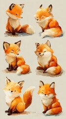 Cute cartoon fox illustrations showing playful expressions and poses in vibrant orange and cream colors