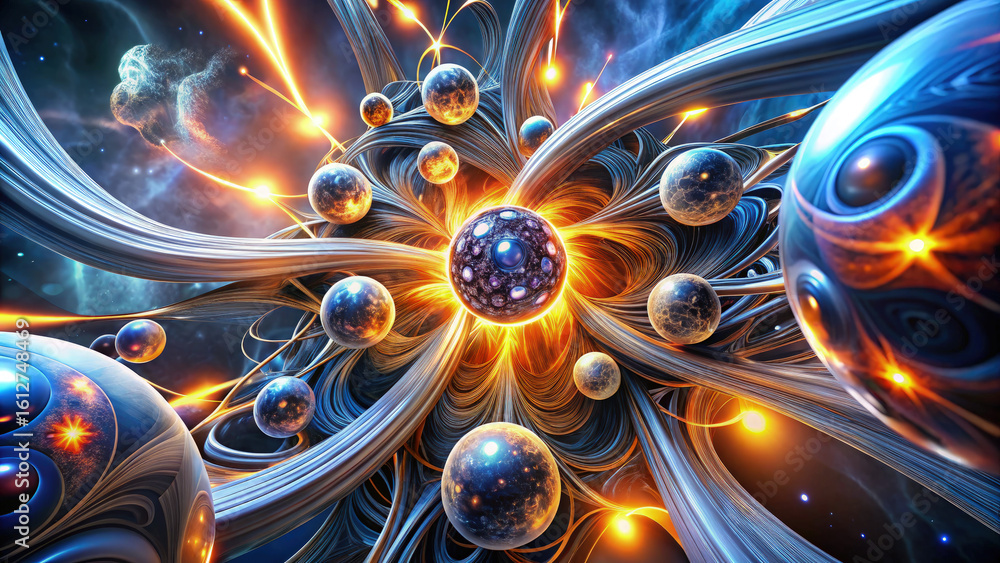 Aufkleber abstract cosmic energy field with glowing orbs and metallic structures, a dynamic and visually stunn