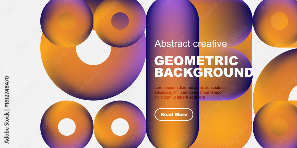 Poster vibrant geometric shapes overlap, creating dynamic visual effect. text block present with button for