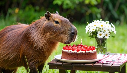 Capybara enjoying a strawberry cake outdoors
