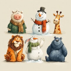 Winter gathering of charming animals and snowmen in a festive snow-covered setting