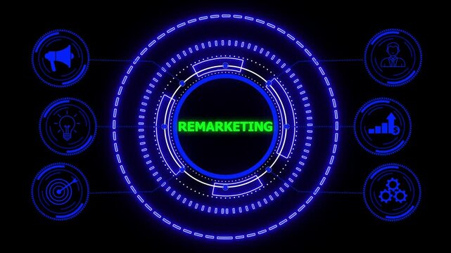 The concept of business, virtual screen of the future and sees the inscription: Remarketing. glowing HUD visuals and icons for marketing, innovation, targeting, growth, user data, and automation.