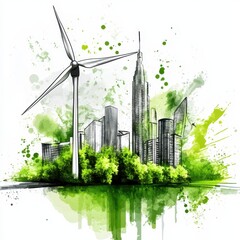 Cityscape with wind turbine, eco-friendly illustration