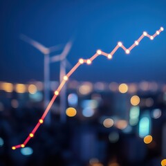 Rising graph over blurred city with wind turbines