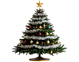 Vintage Tinsel Christmas Tree with Retro Ornaments, isolated on transparent background PNG