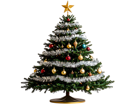 Vintage Tinsel Christmas Tree with Retro Ornaments, isolated on transparent background PNG