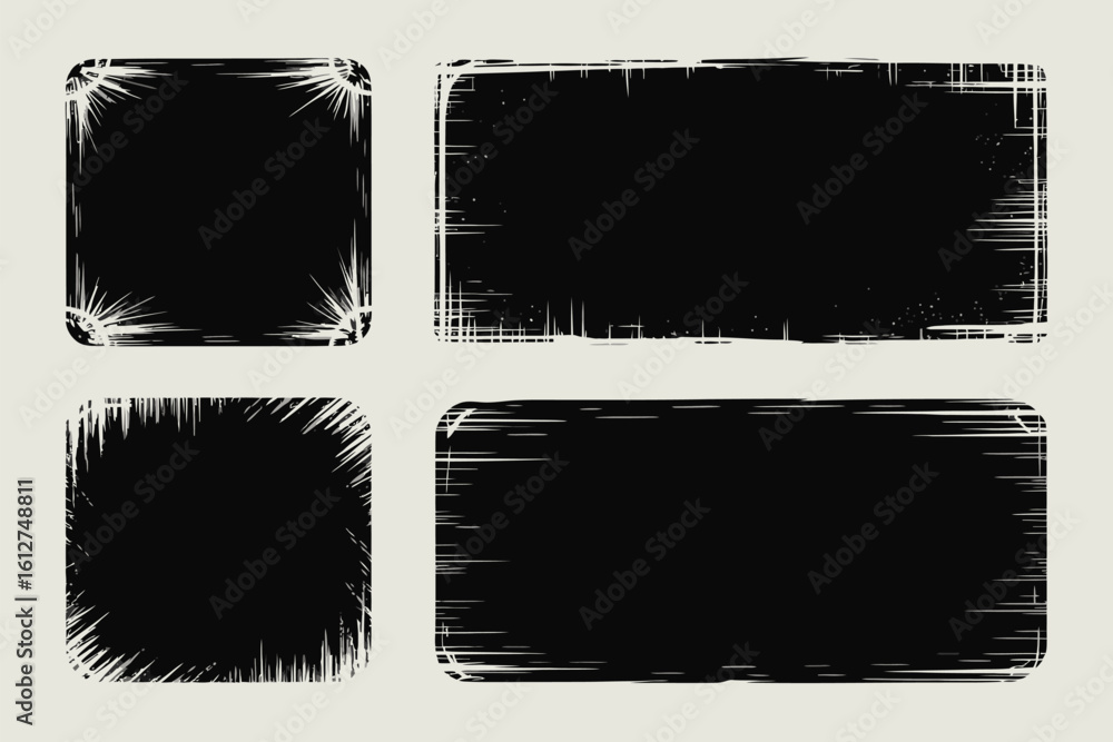 Poster four black rectangular and square frames with white grunge borders on a light background surface vie