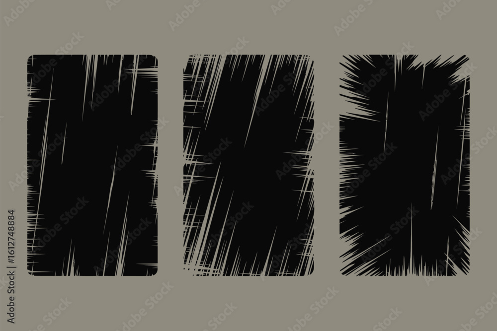 Poster three dark rectangles with white scratchy lines on a gray background in a simple abstract design