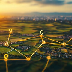 Aerial view of interconnected locations. Golden lines connect markers on fields, signifying a network across a landscape