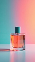 Stylish glass fragrance container against soft gradient backdrop, bottle, luxury, fragrance