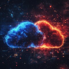 Abstract cloud, glowing blue and red, digital