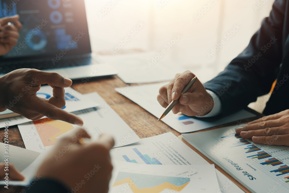 Aufkleber business team analyzing financial charts and graphs showing company growth and discussing new strate