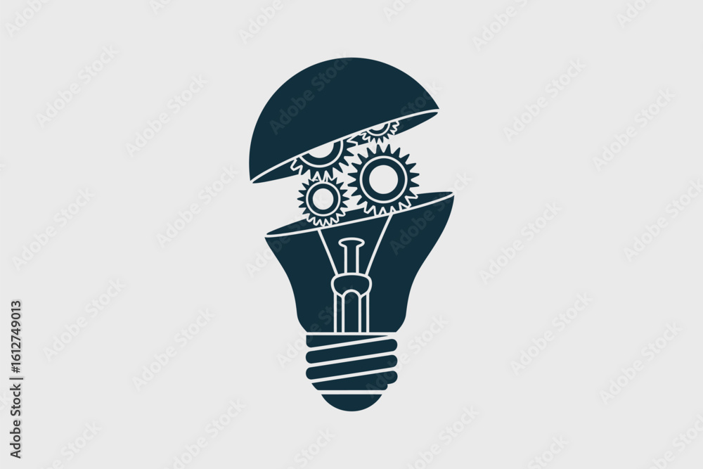 Poster illustration of a lightbulb with gears inside and the top half open on a light gray background