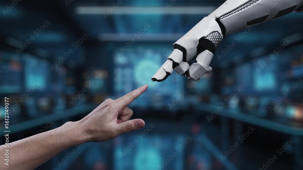 Aufkleber a futuristic scene depicting a human hand and robotic arm interacting with a digital security interf