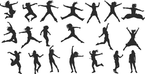 Silhouettes of women jumping and dancing in various energetic poses, isolated on white background, freedom, motion, youth, expression