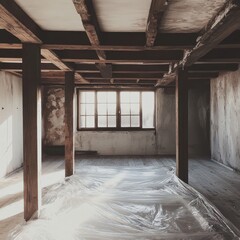 Empty room with exposed beams, sunlight, and protective sheeting