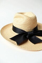 Stylish straw fedora hat with black ribbon detail against white background, elegant, hat, classic
