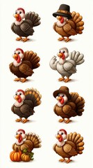 Cute cartoon turkeys in various poses and costumes for a festive autumn celebration
