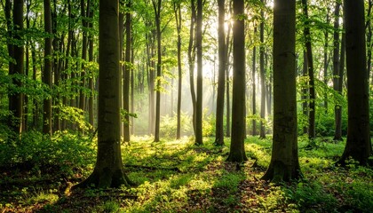 Fototapeta premium A silent forest bathed in morning sunlight, casting peaceful rays through tall trees