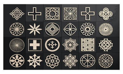 Collection of decorative geometric and floral embellishments on a dark background