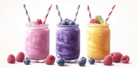 Colorful smoothies in jars displayed with fresh fruits and striped straws on a light background