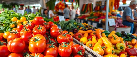 Sun-drenched heirloom tomatoes and vibrant peppers at a bustling farmers market, market stall, bounty