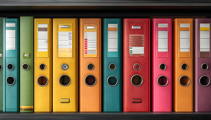 Organized technical documentation manuals in binders. Information stored, accessible. Office documents, reports, handbooks for business, education. Archive, data, files, paperwork, information,