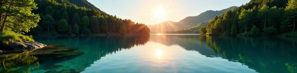 Fototapeta premium Sun reflection on crystal clear lake surrounded by trees, water, abstract, nature