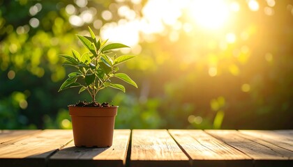 Small potted plant on wooden surface, backlit by warm sunlight, shallow depth of field