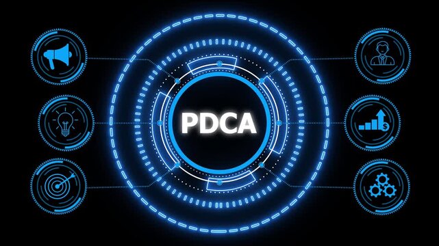 PDCA Plan Do Act Check Business technology concept. glowing HUD visuals and icons for marketing, innovation, targeting, growth, user data, and automation.
