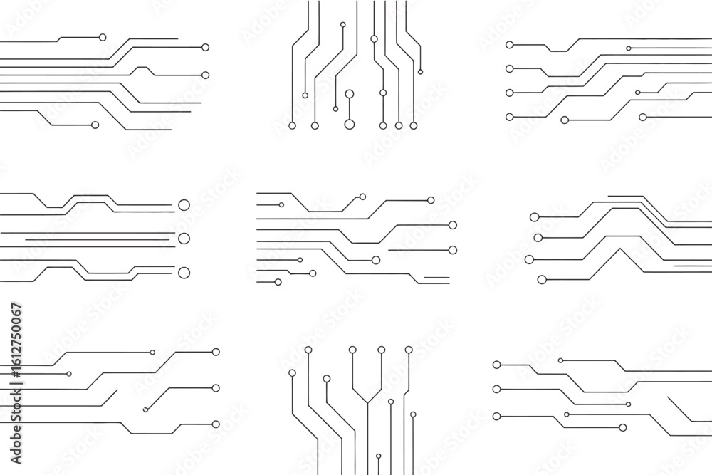 Fototapete nine circuit board patterns with lines and circles on a white background in a grid arrangement