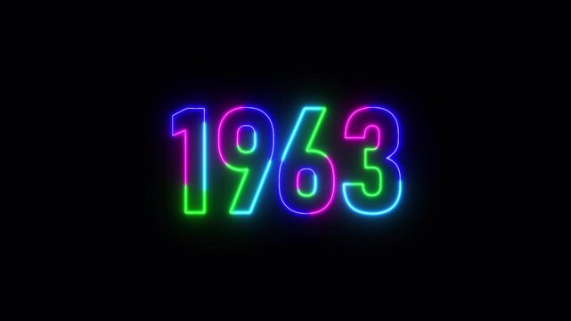  1963 neon line text. Abstract 1963 neon text animation ,For neon color Glowing neon number text background 4k video animation .Digital font against a dark background with neon line looping animation.