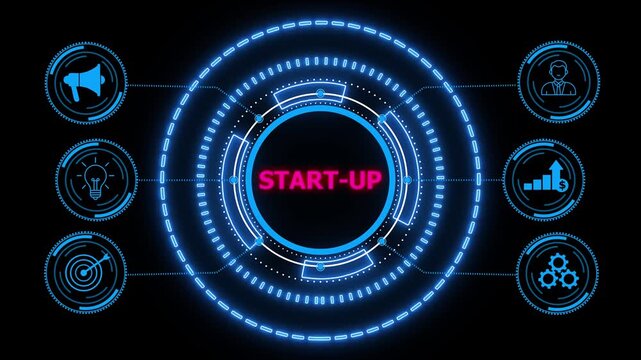 Business, Start-up funding crowdfunding investment venture capital.glowing HUD visuals and icons for marketing, innovation, targeting, growth, user data, and automation.