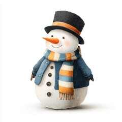 Happy snowman wearing a hat and scarf stands cheerfully in a winter wonderland setting with soft colors and friendly expression