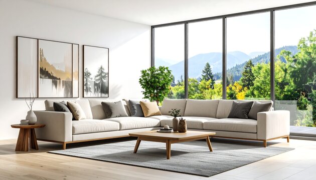 Modern living room with L-shaped sofa, large windows showcasing mountain view, wooden coffee table, and minimalist decor