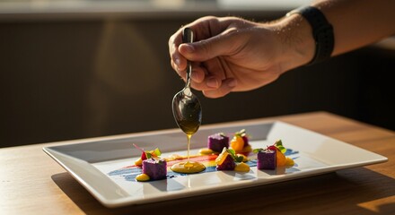 A hand adding sauce drops on a rectangular plate with abstract food arrangement